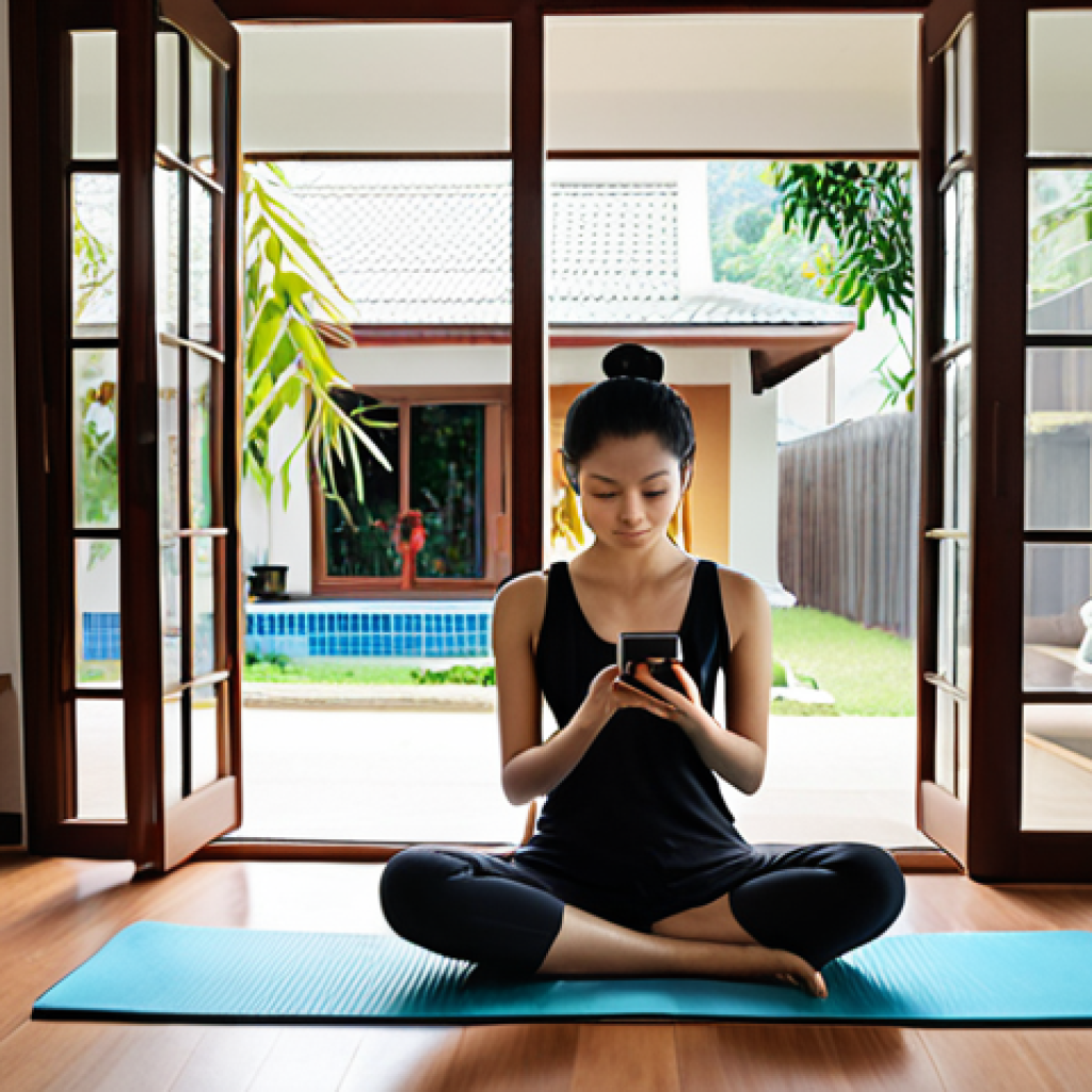**

*Prompt:* A serene individual in Thailand using a meditation app on their smartphone. The background shows a modern, comfortable home setting, subtly hinting at a busy lifestyle finding peace through technology. Focus on conveying a sense of calm and accessibility.

**