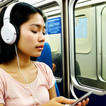 **A serene Thai woman sitting in meditation on a bustling Bangkok Skytrain, wearing headphones and using a meditation app. Soft, calming colors and focus on inner peace amidst the chaos. Suggest the use of local meditation terminology like "เจริญสติ".**