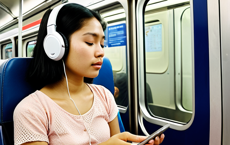 **A serene Thai woman sitting in meditation on a bustling Bangkok Skytrain, wearing headphones and using a meditation app. Soft, calming colors and focus on inner peace amidst the chaos. Suggest the use of local meditation terminology like "เจริญสติ".**